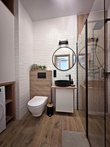 a bathroom with a toilet and a sink and a mirror at Apartamenty Termal Water Długa 9 m31 in Uniejow