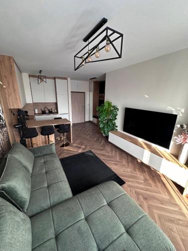 a living room with a couch and a flat screen tv at Apartamenty Termal Water Długa 31 in Uniejow