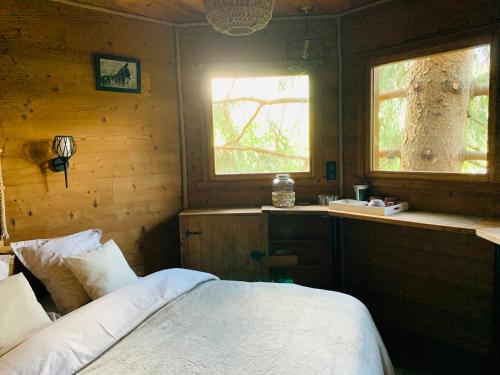 une chambre avec un lit et deux fenêtres dans l'établissement Cabane dans les Arbres de Valmo'Insolite, à Valmorel
