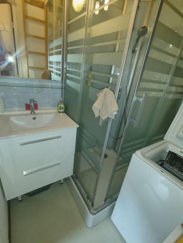 une salle de bain avec une douche en verre et un lavabo dans l'établissement Appartement au pied des pistes, aux Contamines-Montjoie