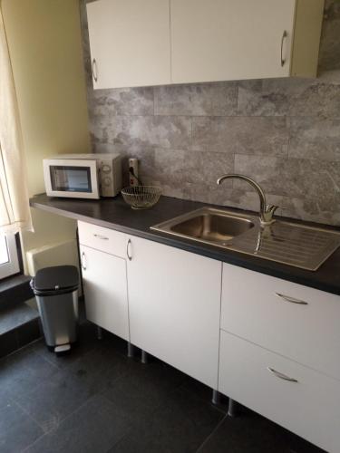 een keuken met een spoelbak en een magnetron bij Lusitaurus in Montoito