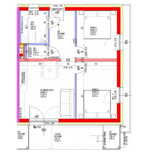 a floor plan of a house with red at CT-GOLD Apartments - Villach Malina - nahe Atrio und Therme in Villach