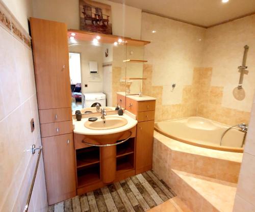 une salle de bain avec un lavabo et une baignoire dans l'établissement Gîtes Saint Julien, à Argelès-sur-Mer