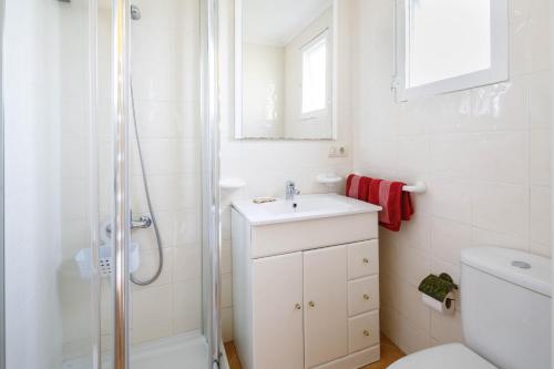 a bathroom with a shower and a sink and a toilet at Casa Vieje de Bueu in Bueu