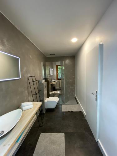 La salle de bains est pourvue de 2 lavabos et de 2 toilettes. dans l'établissement Villa & Appartments des Muriers - 500 m du Lac, à Annecy