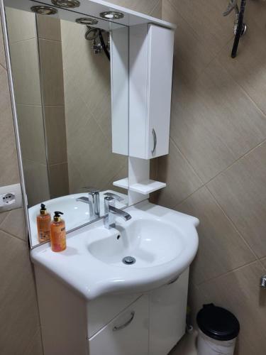 un baño con un lavabo blanco y un espejo en Aron Home, en Tushemisht