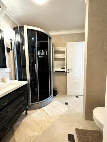 une salle de bain avec douche et lavabo dans l'établissement Appartements de Luxe Bord de Mer, à Roquebrune-Cap-Martin