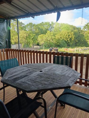 une table et des chaises sur une terrasse avec un éléphant en arrière-plan dans l'établissement Domaine Des Trois Vieux chênes à Boisjeune, à Magnac-Laval