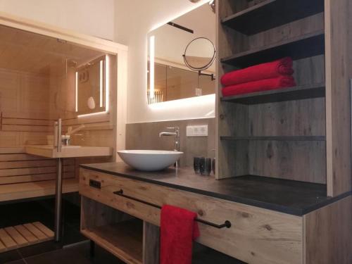a bathroom with a counter with a sink and a mirror at Rabenstein Suiten in Zwiesel