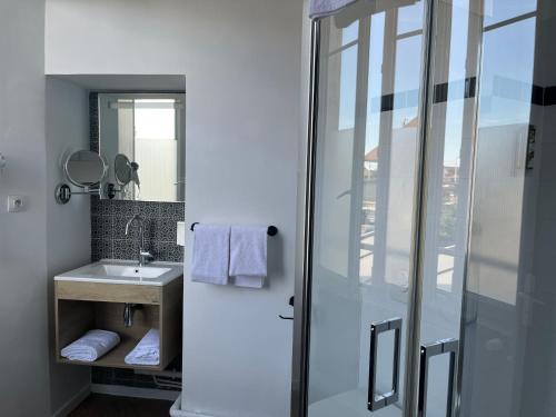 a bathroom with a sink and a glass shower at Hôtel de France - Beaune in Beaune