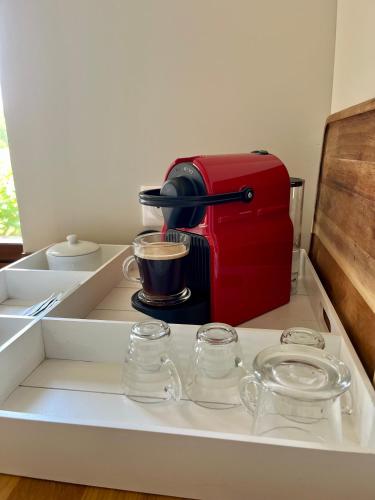 - un plateau/bouilloire et des tasses sur un comptoir dans l'établissement Mas le Pi'geonnier, à Labastide-de-Virac