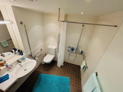 een badkamer met een wastafel, een toilet en een douche bij Erlenmatt in Bazel