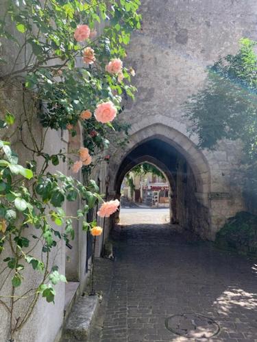 łuk z różami na boku budynku w obiekcie Maison Jeanne d’Arc w mieście Mennetou-sur-Cher