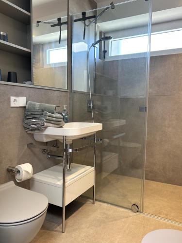 a bathroom with a shower and a sink and a toilet at Kalfamer Kalfamer 43 in Norderney