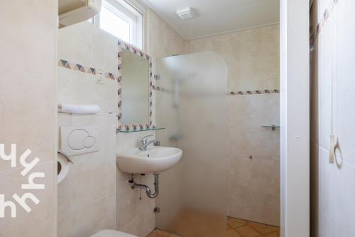 a bathroom with a sink and a toilet and a shower at Vrijstaande vakantiewoning dichtbij het Veerse Meer in Wolphaartsdijk