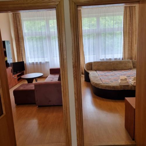 a room with a bed and a couch and windows at Abilana in Palanga