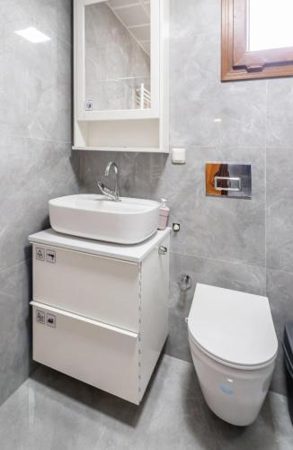 a bathroom with a white sink and a toilet at Comfortable villa with garden in “Urla İskele” in Urla