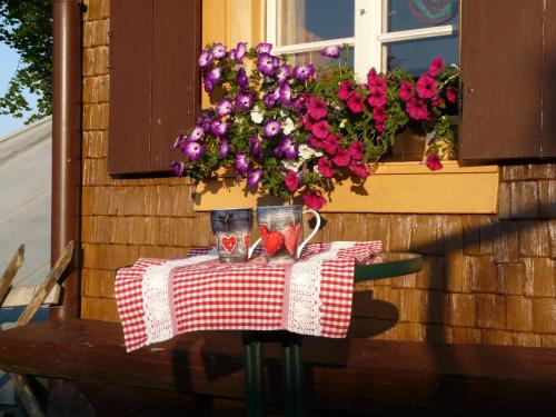 einem Tisch mit einem roten und weißen karierten Tischtuch in der Unterkunft Reesbauernhof in Oberried