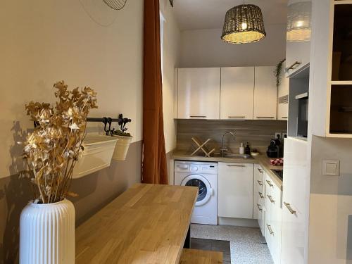 une cuisine avec une table et une machine à laver dans l'établissement Le Creuset Lyonnais, BNBConciergerie, à Lyon