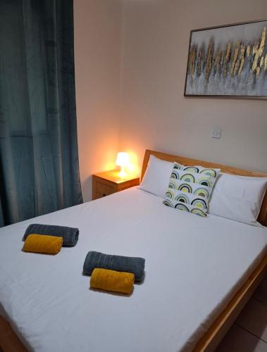 a bedroom with a white bed with two pillows on it at By The Way Apartment 1 in Larnaka