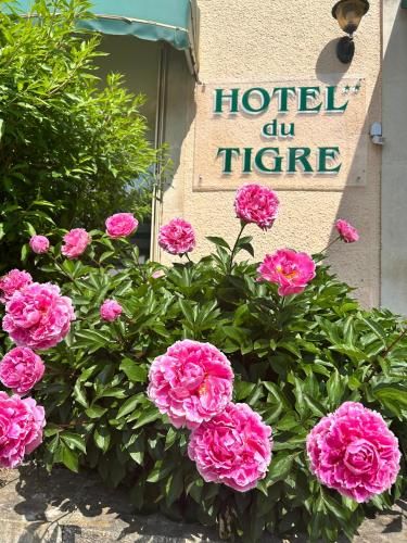 a bunch of pink flowers in front of a hotel sign at Cit'Hotel du Tigre in Verdun