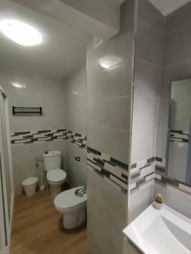 a bathroom with a toilet and a sink and a mirror at Casa GLORIA in Ganuza
