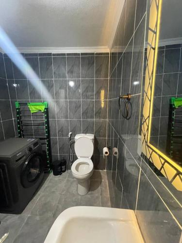 a bathroom with a toilet and a washing machine at Cozy 1 bedroom apartment in Amman