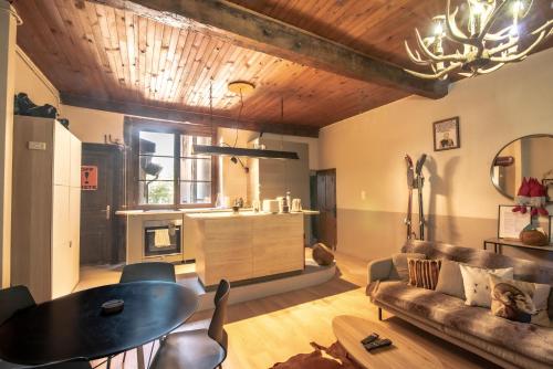 un salon avec un canapé et une table dans l'établissement chalet de montagne Style sur le Quai saint Laurent et Bastille, à Grenoble