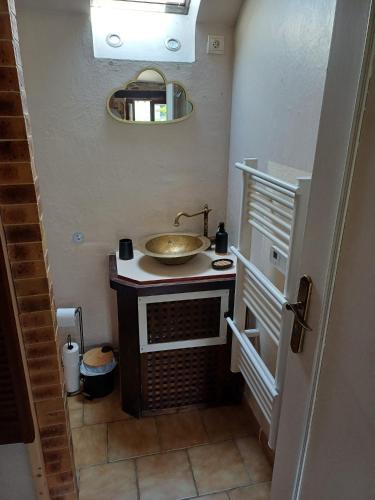 a small bathroom with a sink and a mirror at Appartement en pierre au calme in Vert-Saint-Denis