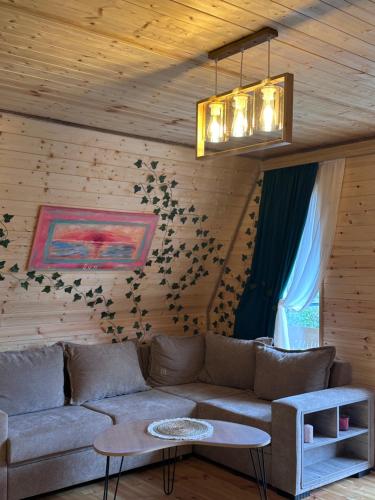 a living room with a couch and a chandelier at Cottage Keba-nikortsminda კოტეჯი ქება-ნიკორწმინდა in Ambrolauri