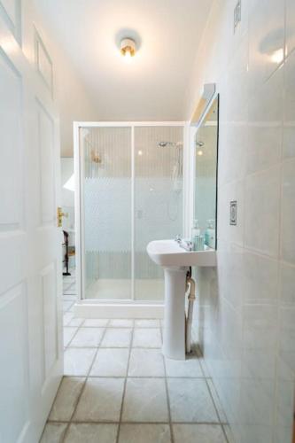 a white bathroom with a shower and a sink at Dingle Harbour Hideaway in Dingle