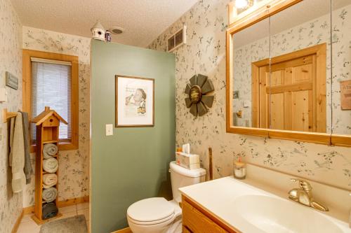 a bathroom with a toilet and a sink and a mirror at Idyllic Remer Cabin with On-Site Lake Access! in Remer