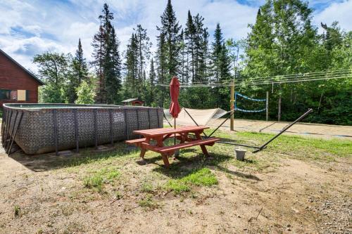 a picnic table in a yard with a volleyball net at Idyllic Remer Cabin with On-Site Lake Access! in Remer
