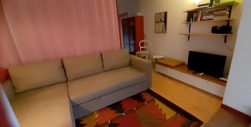 a living room with a couch and a television at Bergzicht in Mariapfarr