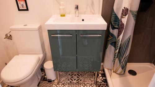 a bathroom with a sink and a toilet at Manoir des Carreaux in Ingouville