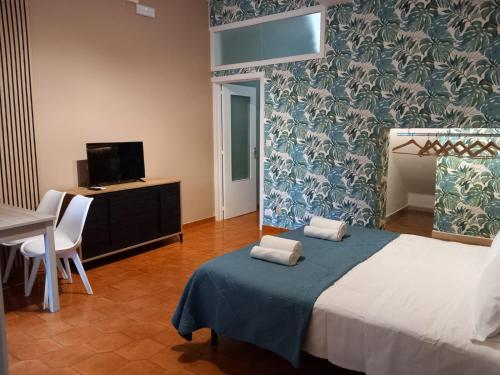 Un dormitorio con cama, escritorio y televisión. en FRONTE MARE apartment, en Barcellona-Pozzo di Gotto