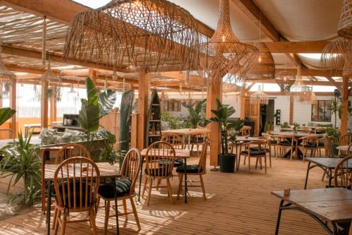 un restaurant avec des tables et des chaises dans une salle ornée de plantes dans l'établissement Appartement avec vue sur mer, à Canet