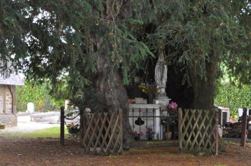 a tree with a fence in front of a cemetery at Au Château des Ifs in La Haye-de-Routot