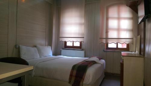 una camera d'albergo con un letto e due finestre di Mevlana Hotel a Konya