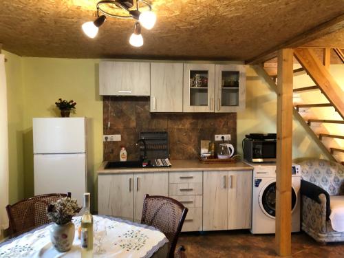 a kitchen with a white refrigerator and a table with chairs at Apartmán Holany in Holany