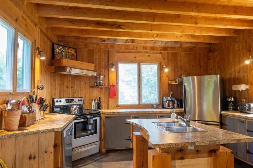 a kitchen with a stove and a refrigerator at Refuge Exitchalets Spa & View in Sainte-Lucie-de-Doncaster
