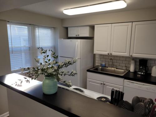 a kitchen with a vase of flowers on a counter at Davenport Dwelling Unit 9 Midtown 3BD in Omaha