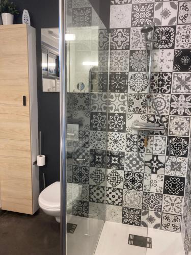 une salle de bain avec toilettes et un mur carrelé dans l'établissement Au carrefour de la Bretagne, à La Motte