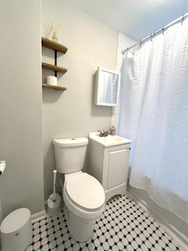 a bathroom with a white toilet and a sink at Chic City Escape in Berwyn