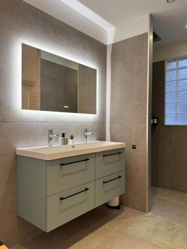 une salle de bain avec un lavabo et un miroir dans l'établissement Design Appartment 100sqm close to Palais Beach and Restaurants, à Cannes
