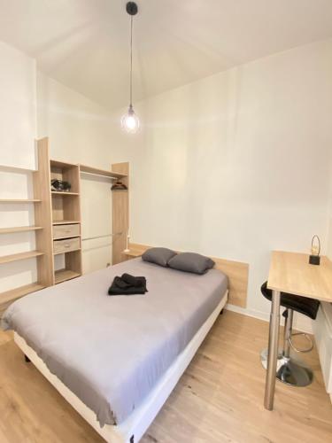 une chambre avec un lit, un bureau et une table dans l'établissement Charmant 2 chambres - Centre, à Angers