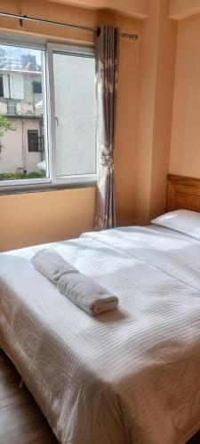 a bedroom with a large bed with a window at Tourist Apartment Baluwatar in Kathmandu