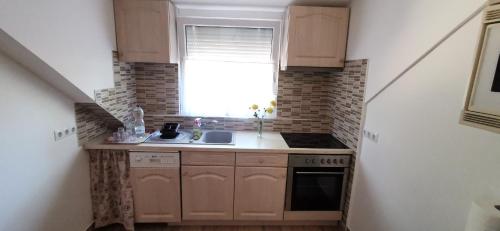 a small kitchen with a sink and a window at Rigófészek Apartmanház in Gárdony