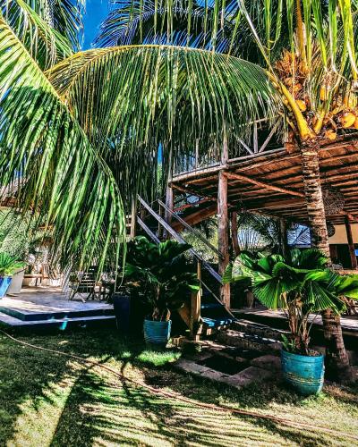 a building with palm trees in front of it at Nuevo NAYAL in Las Peñitas