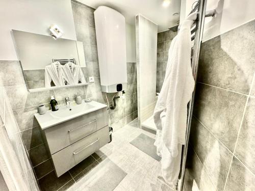 une salle de bain blanche avec un lavabo et une douche dans l'établissement Appartement centre ville, à Dijon
